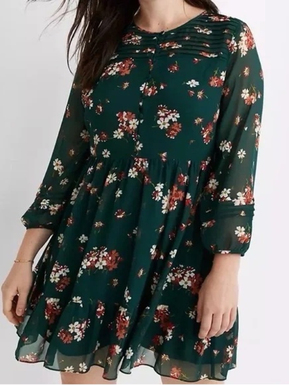 Madewell Dark Green Floral Pintuck Babydoll Mini Dress
